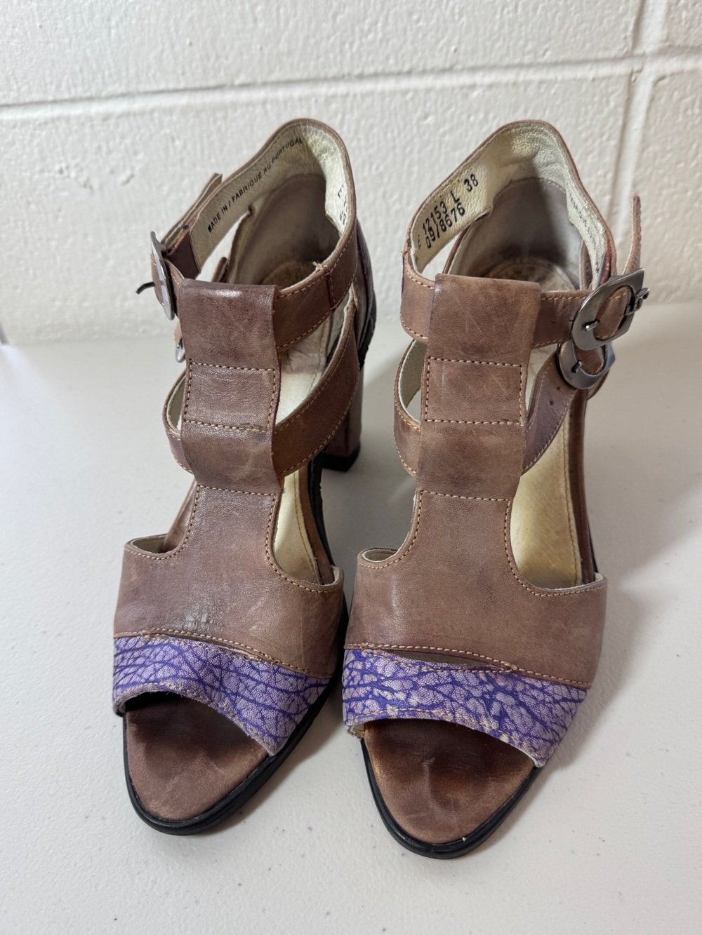 Eject Y2K Boho Leather Sandals Taupe Purple Size 38 Block Heel Portugal Casual